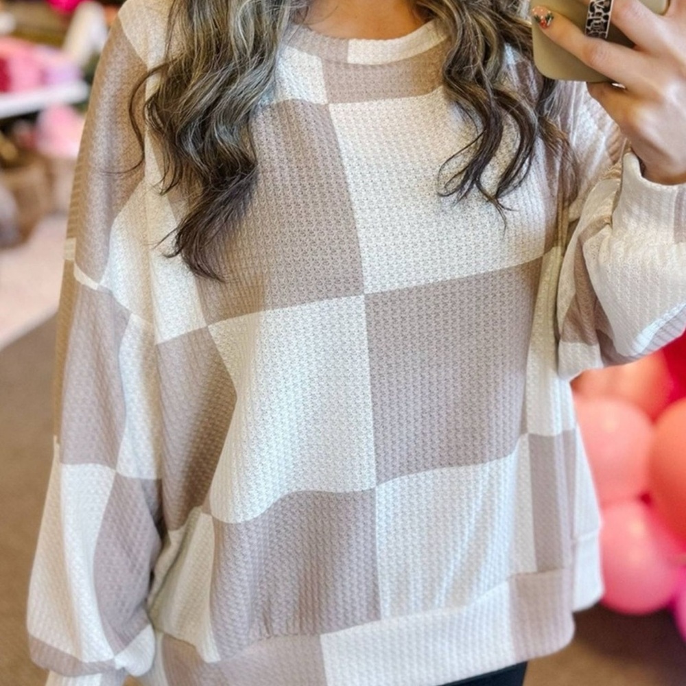 Neutral Checkered Waffle Knit Pullover - Cream & … - image 2